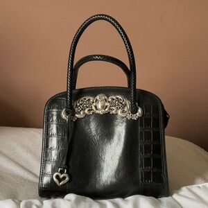 Brighton Chantilly, black leather  Croc Satchel handbag tote with pewter charm